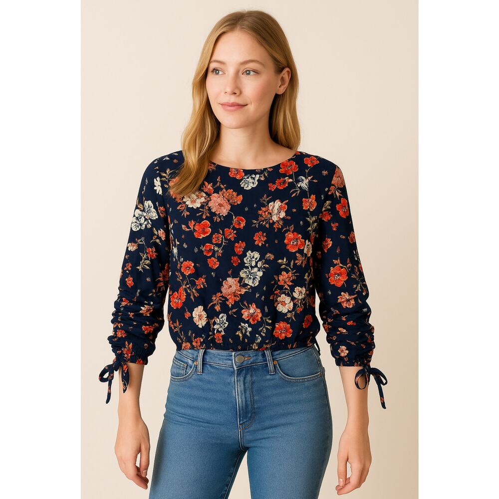 Moa Moa Women’s Floral Blouse Navy Blue Red Long Sleeve Tie Cuffs Size Medium - Picture 2 of 8